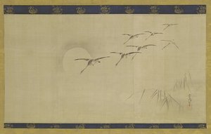 Gansos, lua e plantas aquáticas, período Edo, meados do século XVII a princípios do século XVIII (tinta sobre seda)
